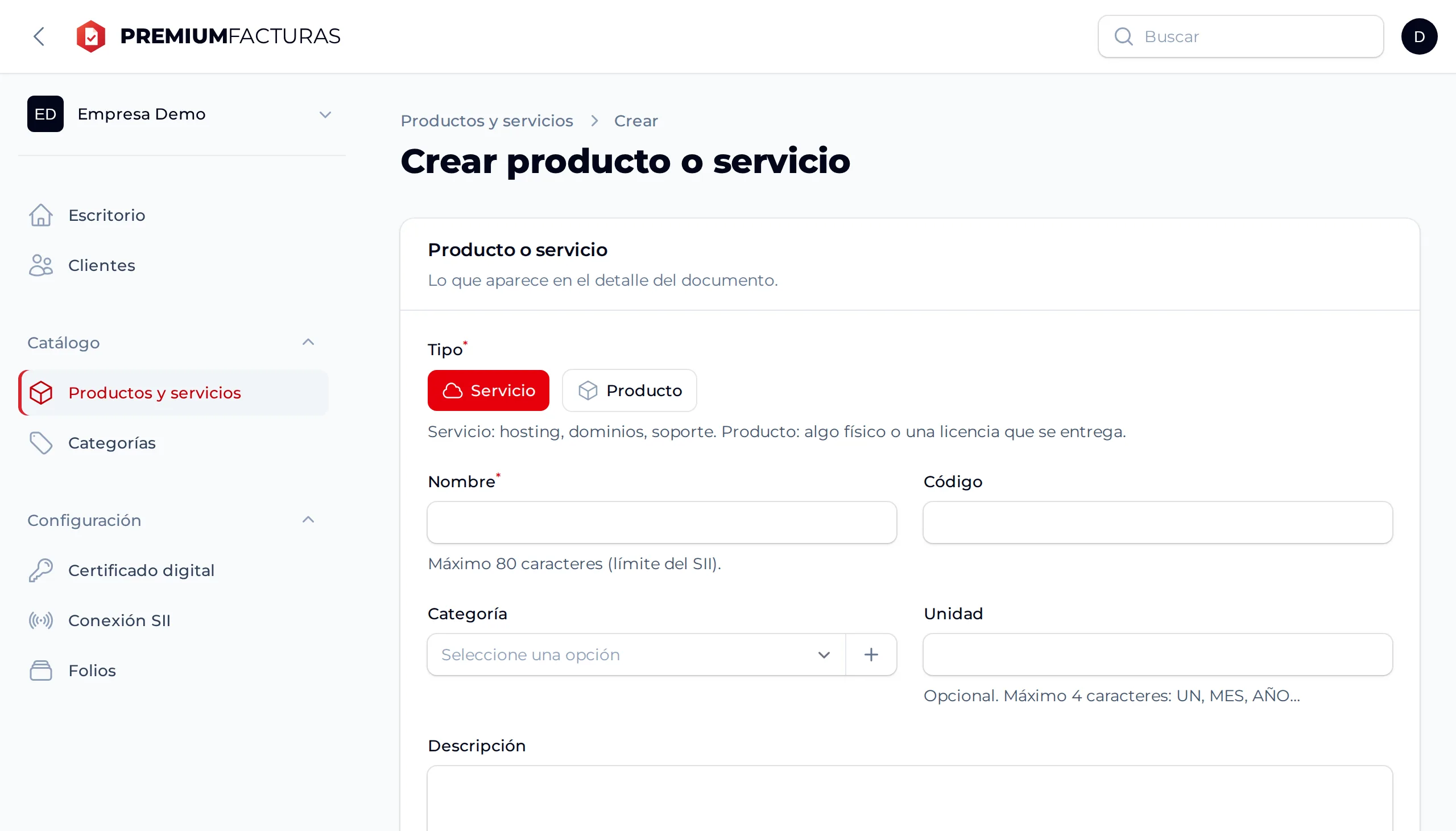 Formulario para crear un producto o servicio en PremiumFacturas