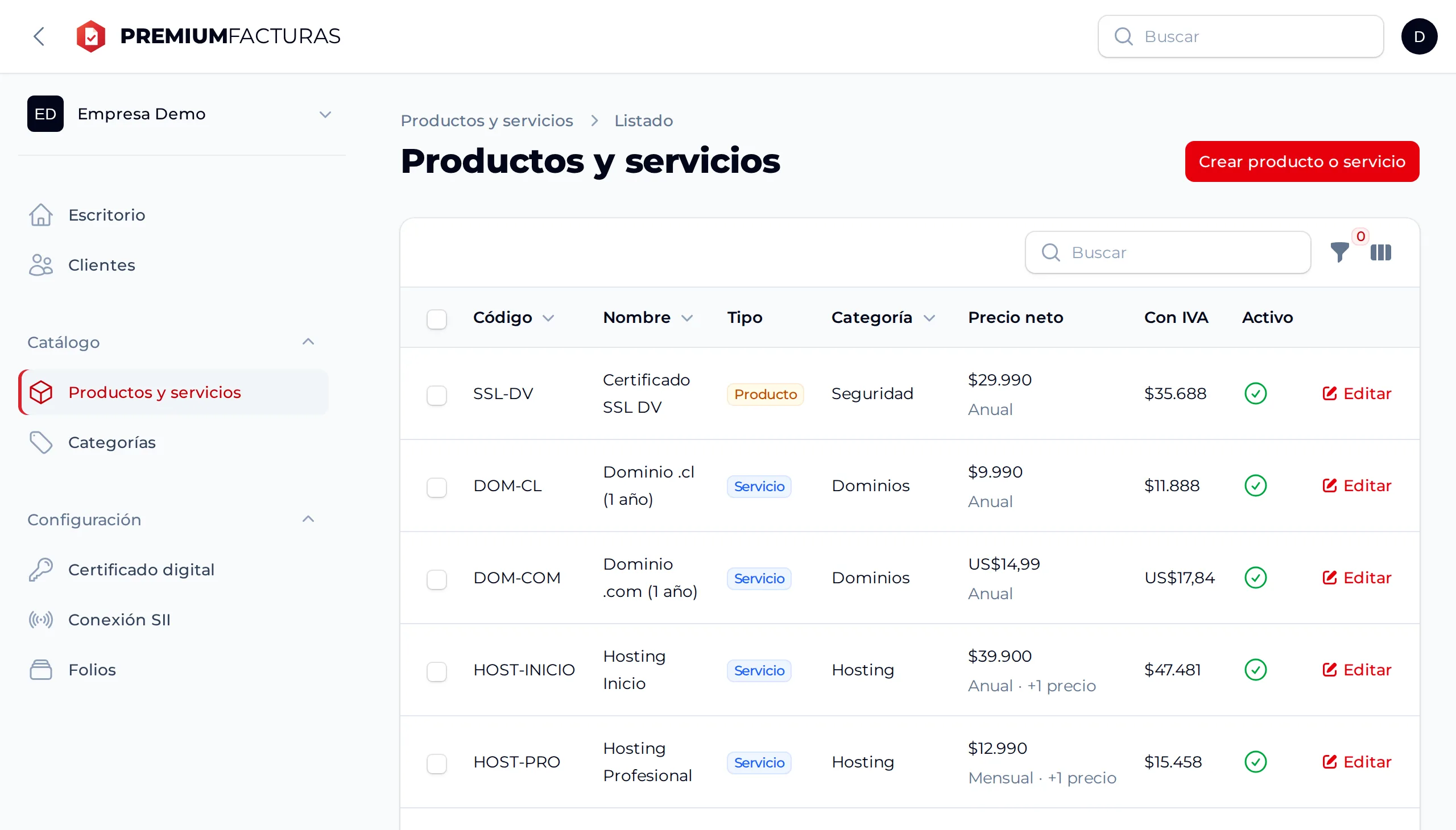 Listado de productos y servicios en PremiumFacturas, con precio neto, precio con IVA y tipo de cada ítem